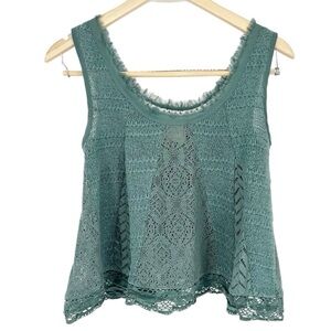 Meadow Rue Anthropologie Green Lace Boho Crochet Fray Tank Top knit Blouse Small